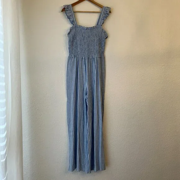 H&M Blue Striped Linen Blend Smocked Jumpsuit Small Beachy Coastal Nautical - Picture 2 of 13